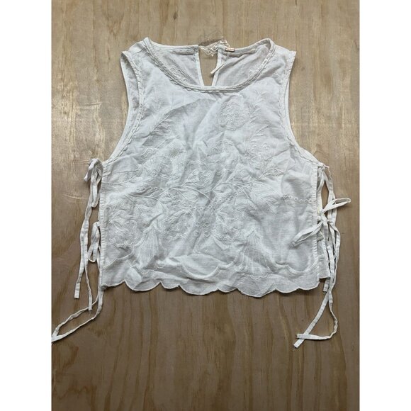 Free People Tops - Free People White Faded Gardens Tank Size S Embroidered Floral Ties 2025 Scallop